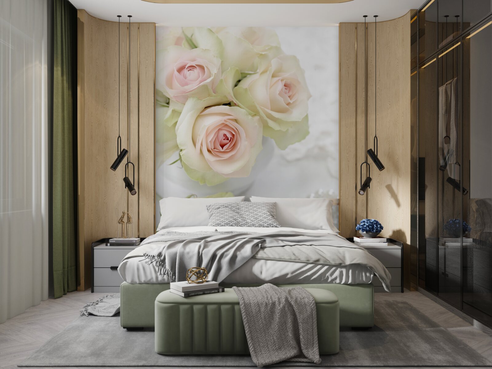 Fotobehang compositie van delicate lichtroze rozen en parels