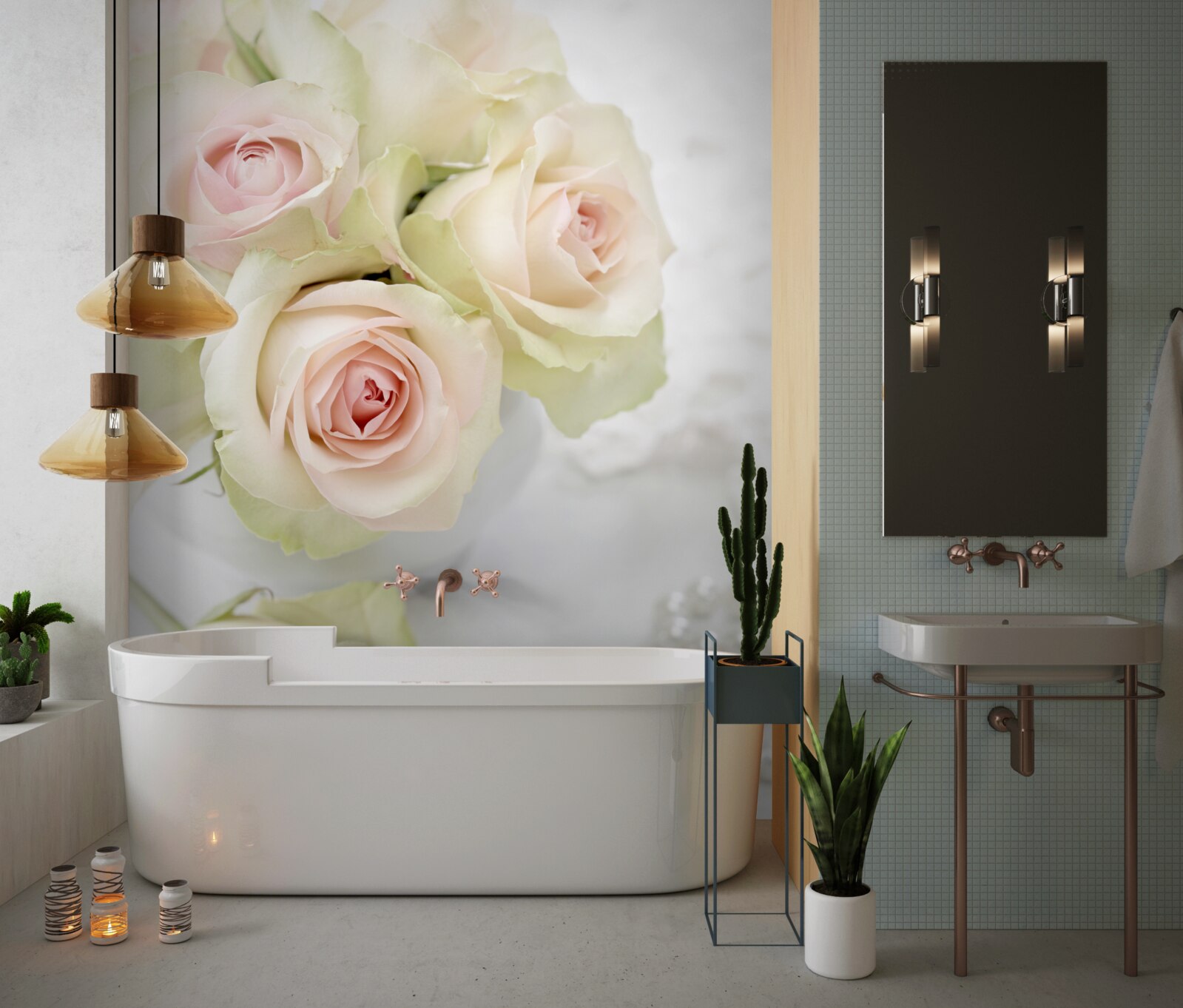 Fotobehang compositie van delicate lichtroze rozen en parels