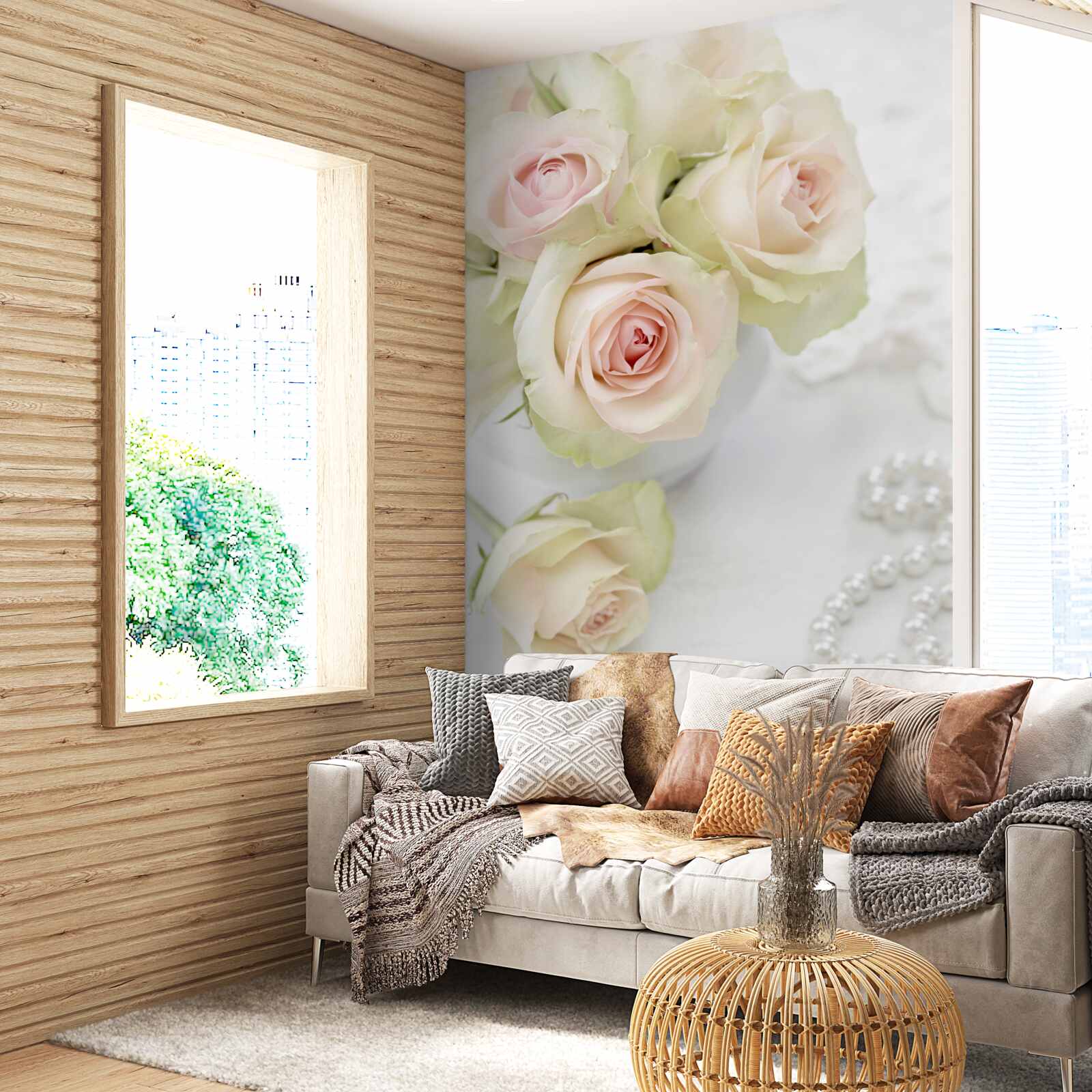 Fotobehang compositie van delicate lichtroze rozen en parels