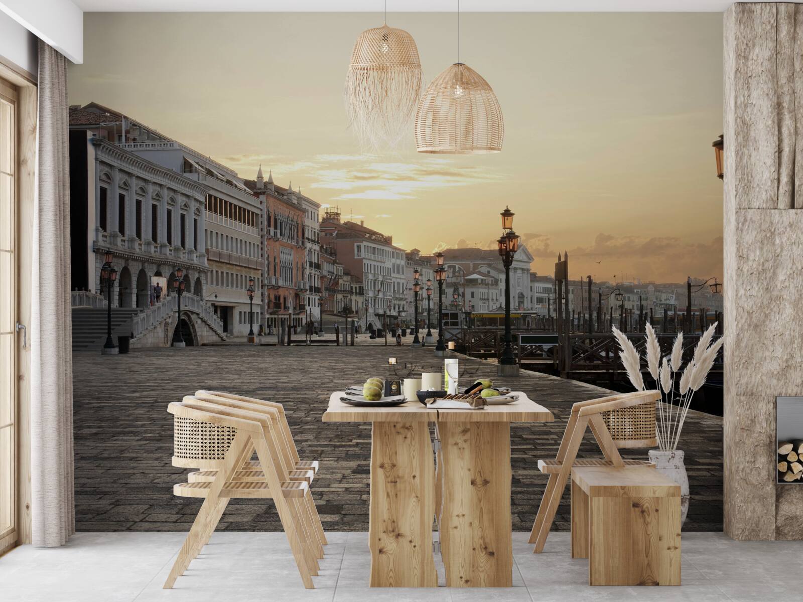 Fotobehang verlaten dijk in afwachting van zonsondergang