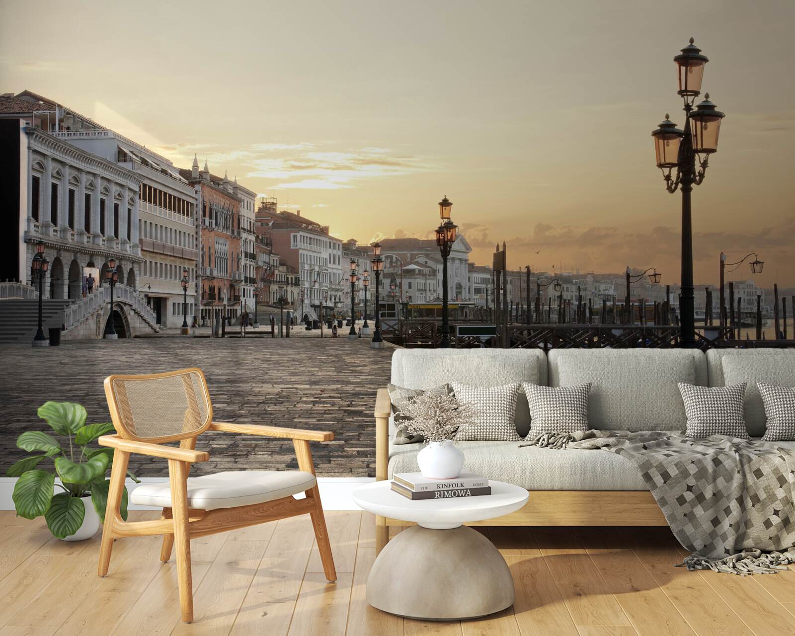 Fotobehang verlaten dijk in afwachting van zonsondergang