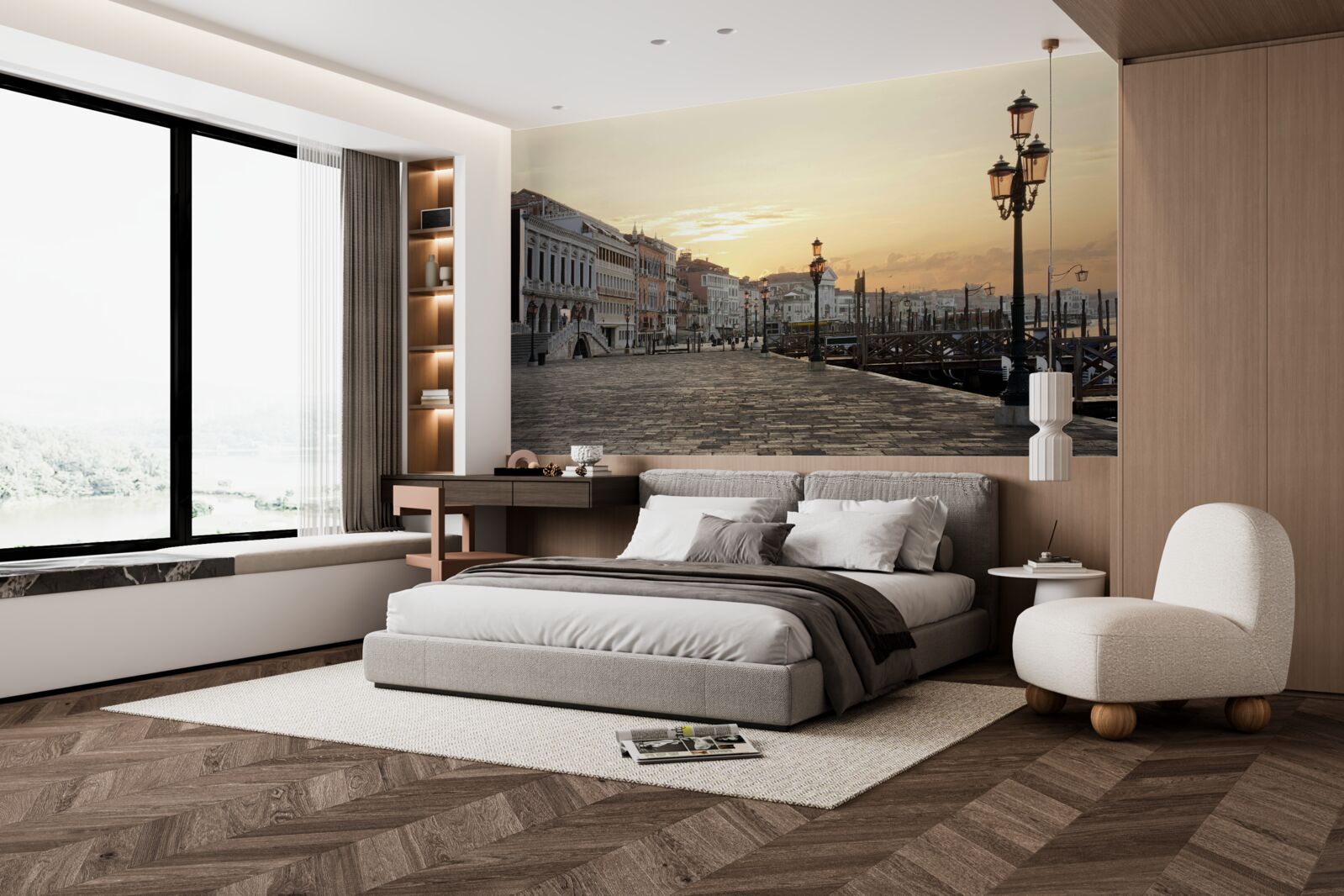 Fotobehang verlaten dijk in afwachting van zonsondergang