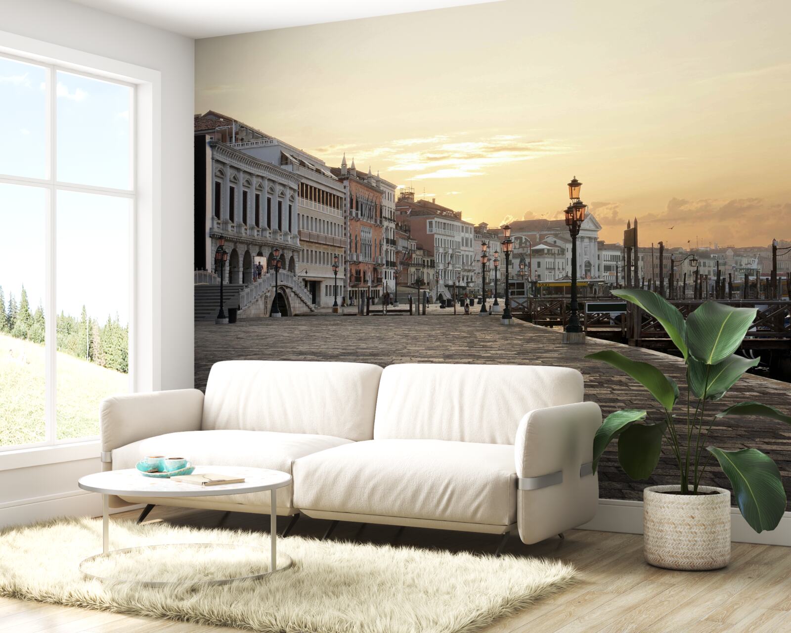 Fotobehang verlaten dijk in afwachting van zonsondergang