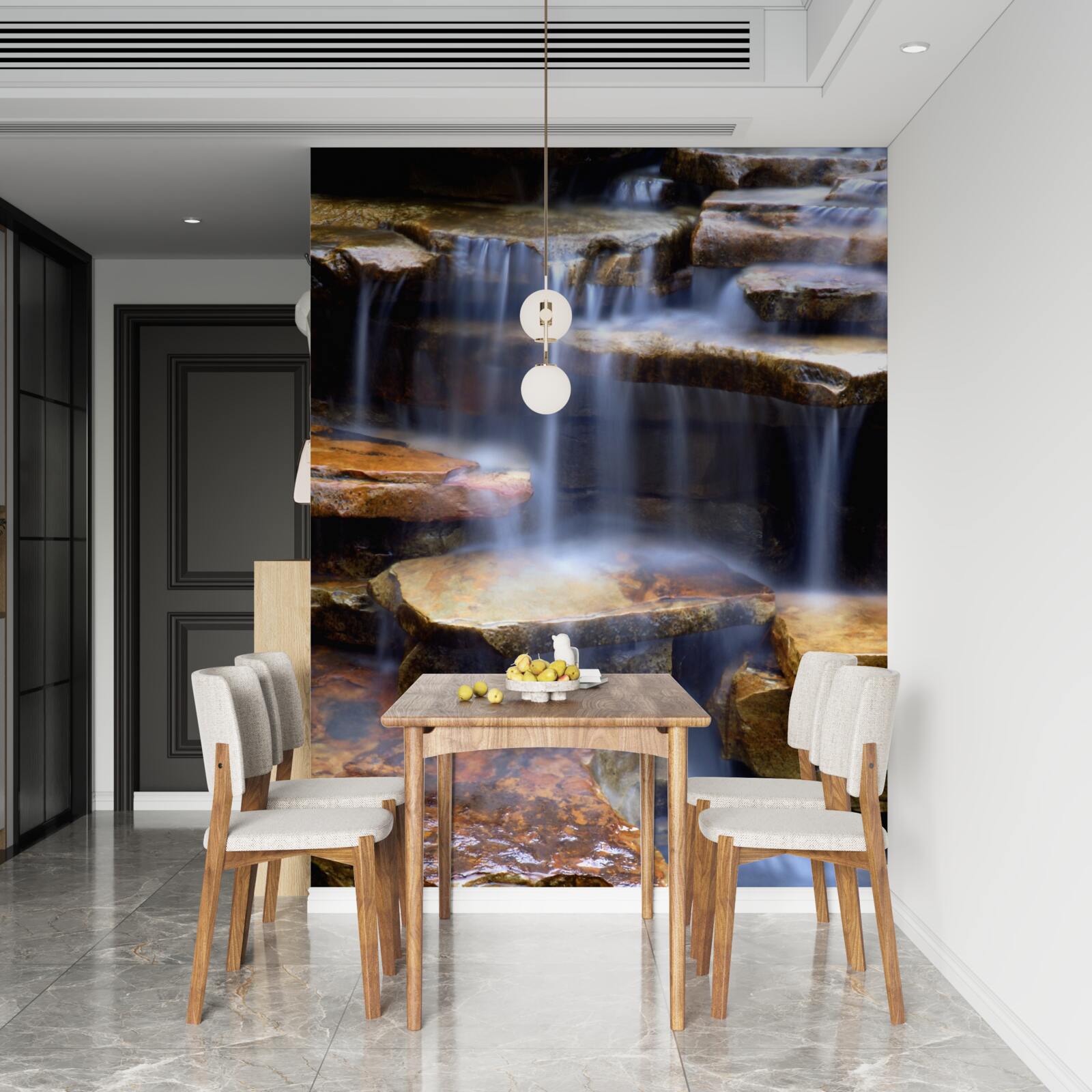 Fotobehang keten van watervallen met stenen planken