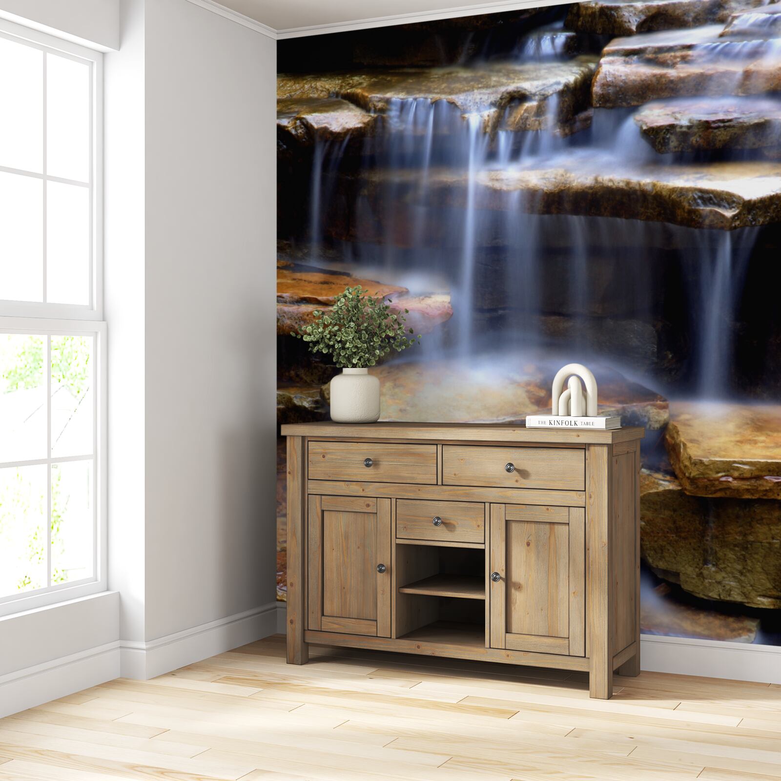 Fotobehang keten van watervallen met stenen planken