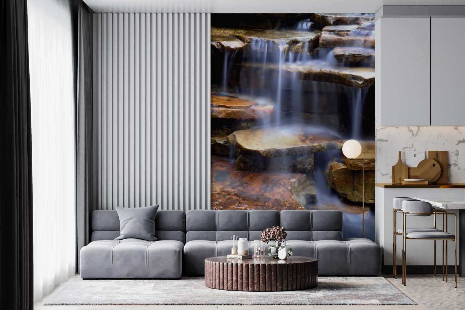 Fotobehang keten van watervallen met stenen planken