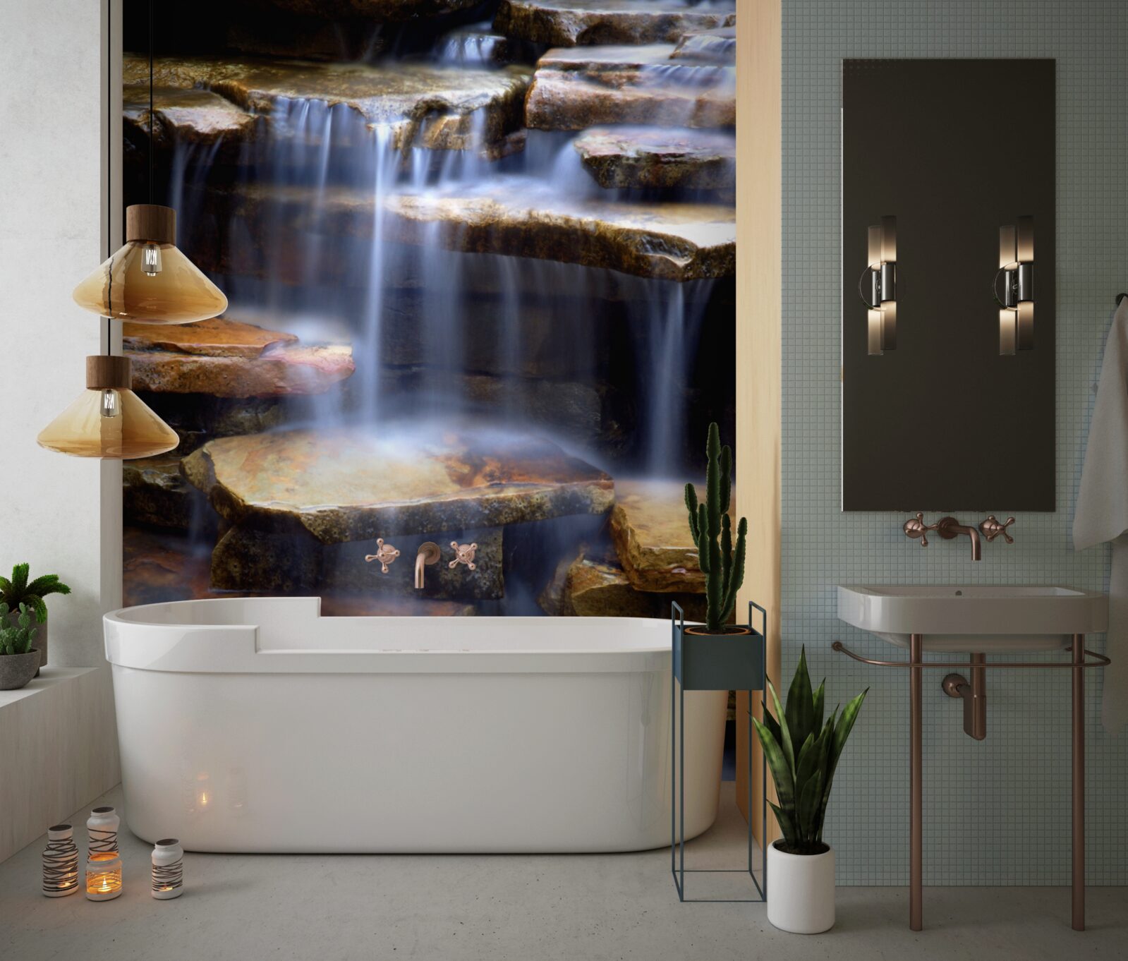 Fotobehang keten van watervallen met stenen planken