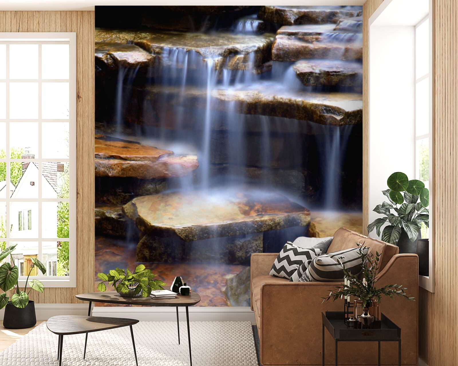 Fotobehang keten van watervallen met stenen planken