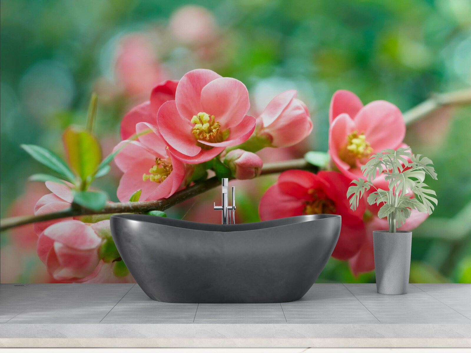 Fotobehang rode bloemen van fruitbomen