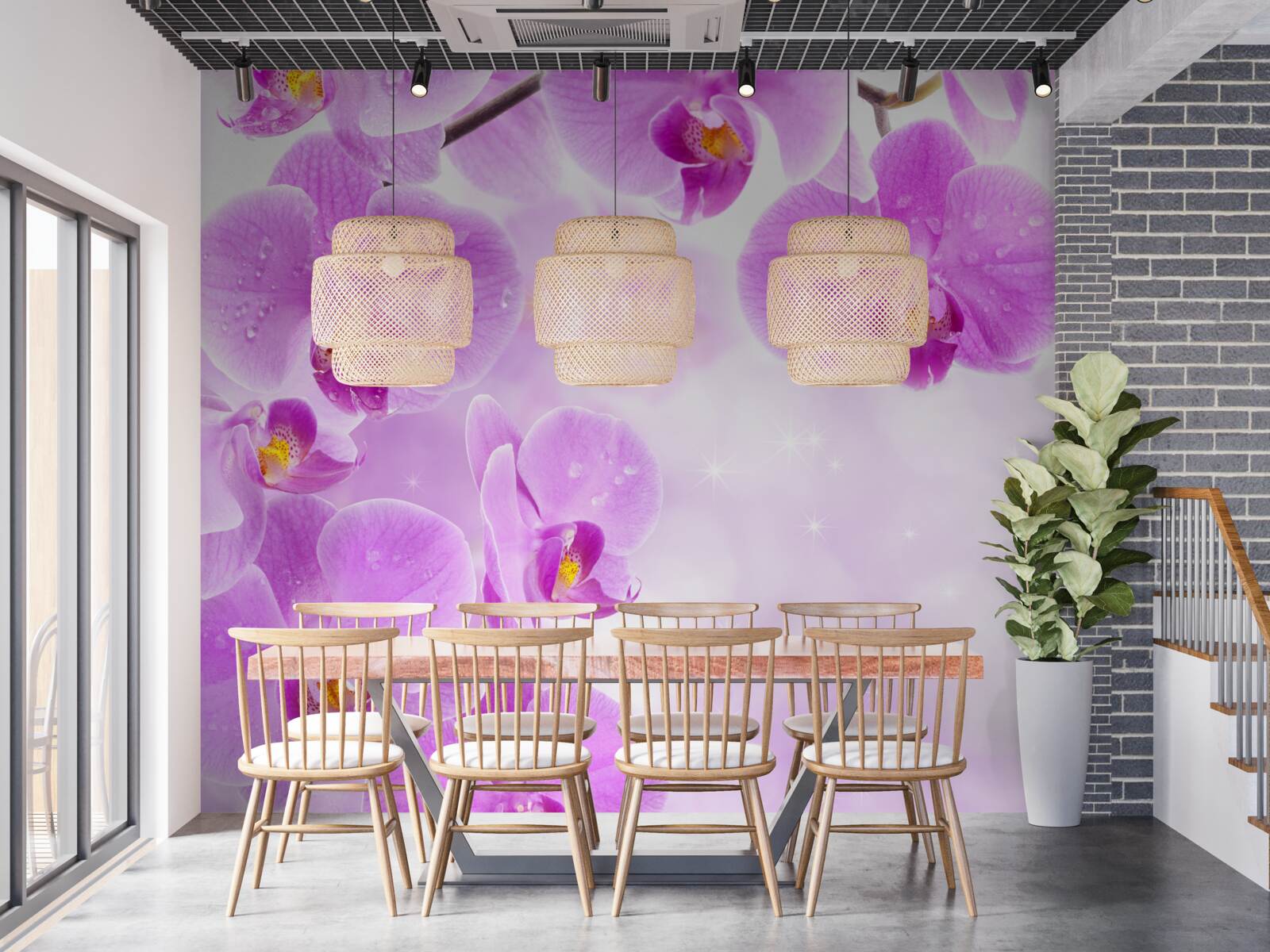 Fotobehang grote paarse orchideeën bloeiden op de tak