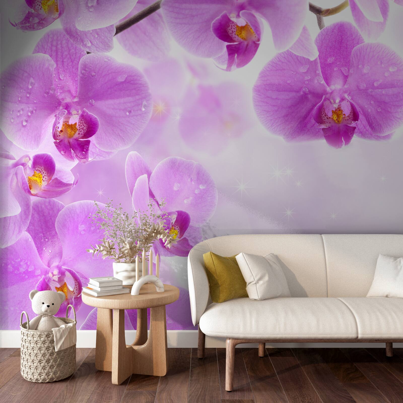 Fotobehang grote paarse orchideeën bloeiden op de tak