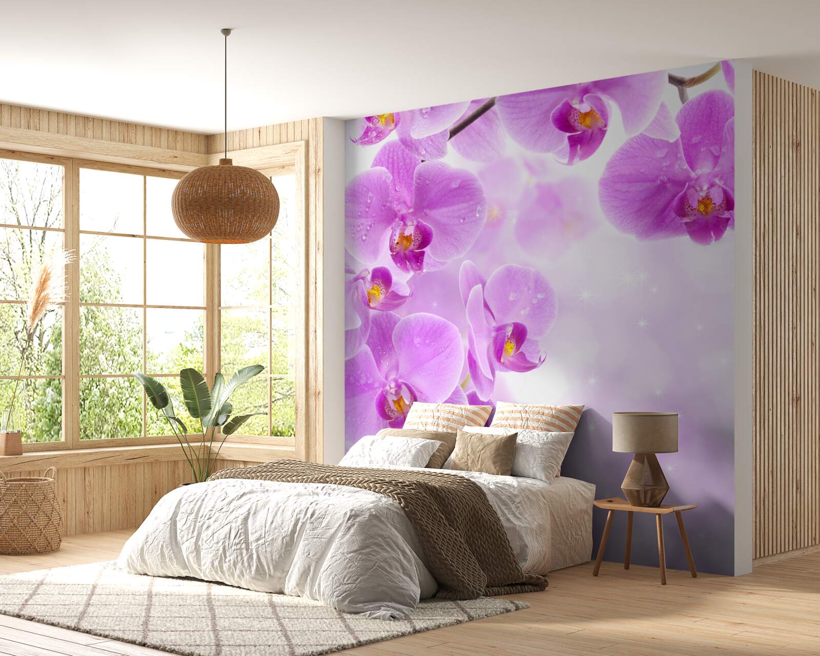 Fotobehang grote paarse orchideeën bloeiden op de tak
