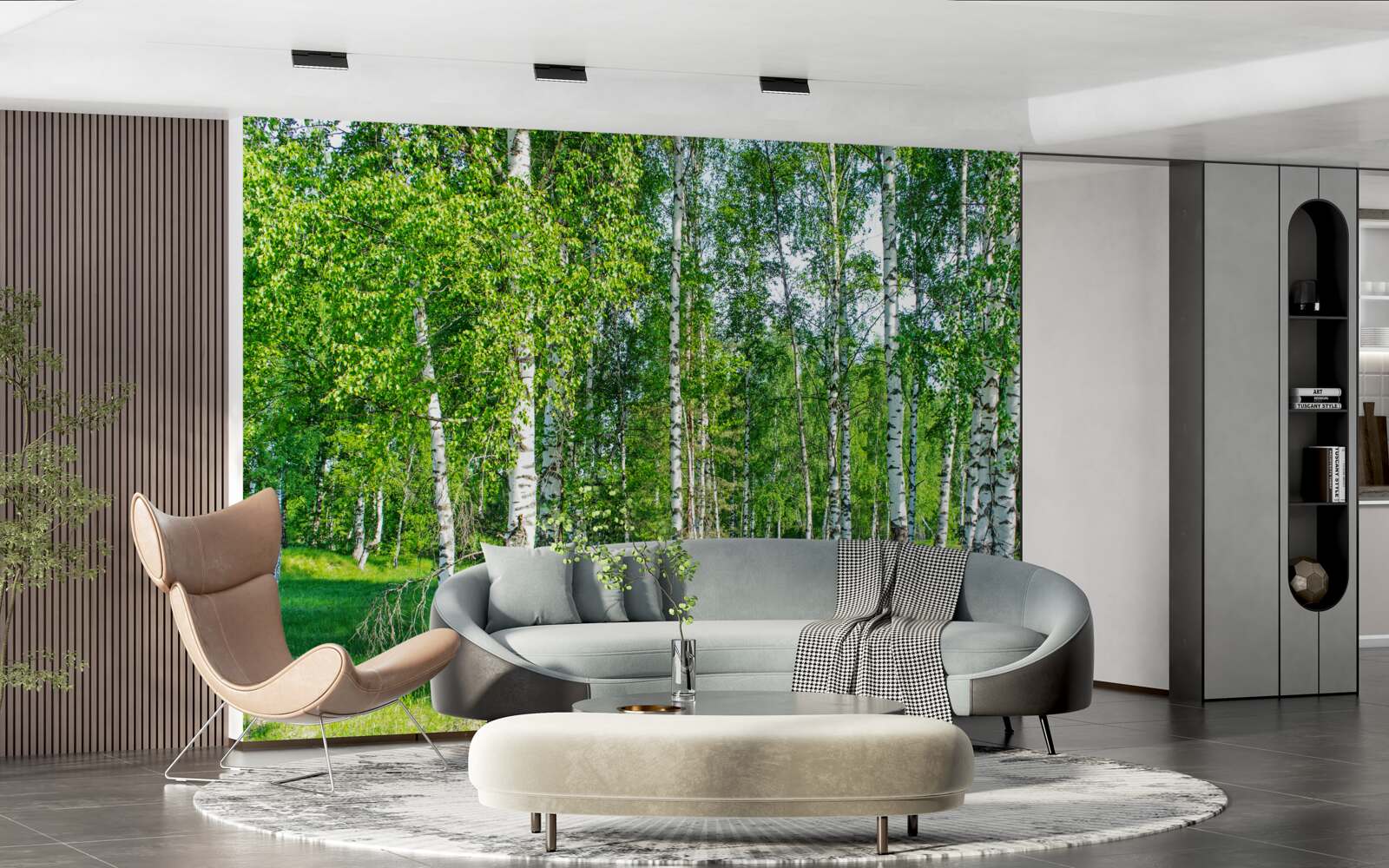 Fotobehang berken met groene bladeren groeien in het zomerbos