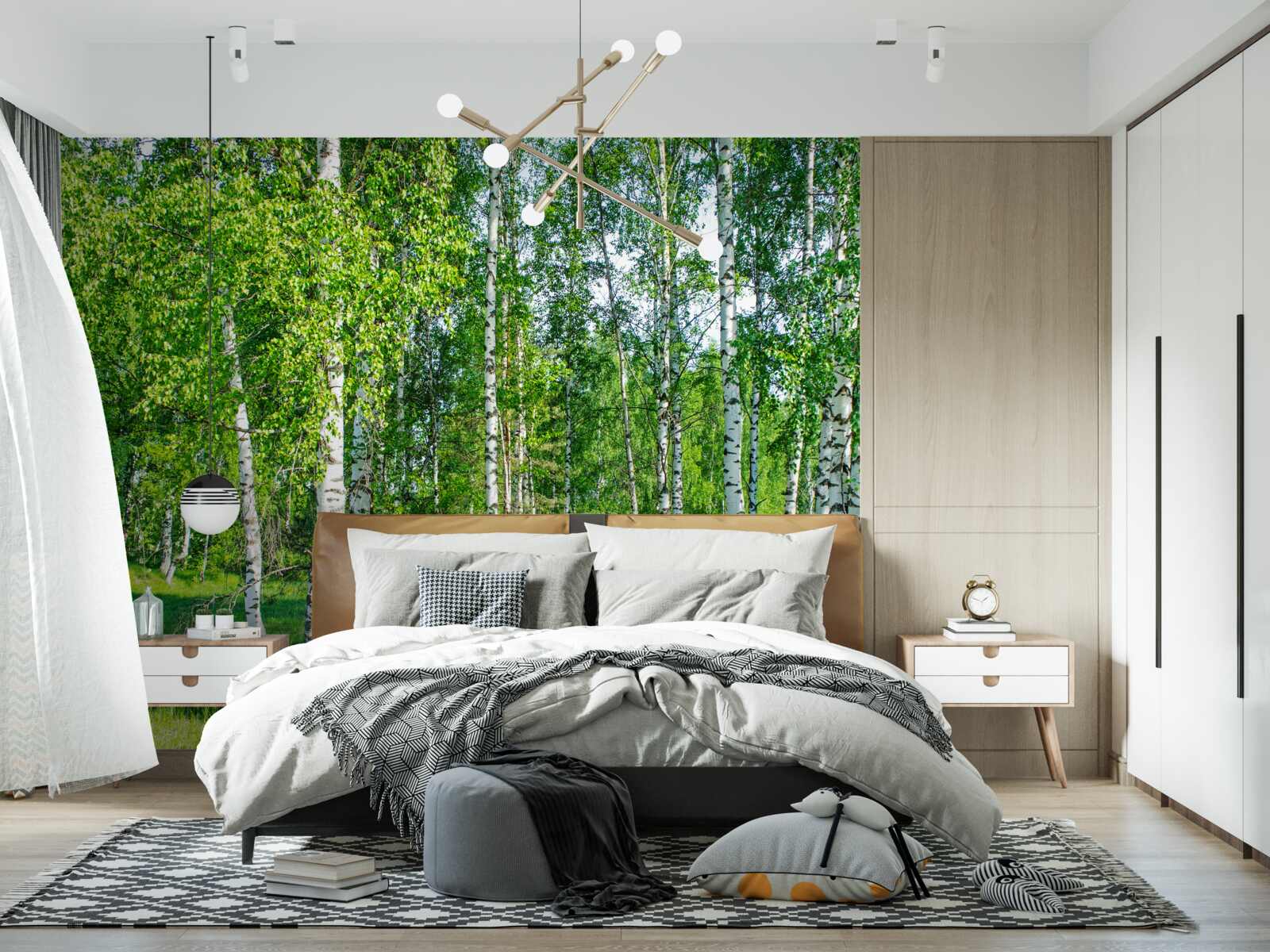 Fotobehang berken met groene bladeren groeien in het zomerbos