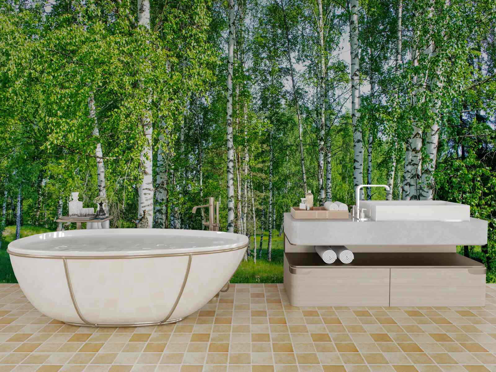 Fotobehang berken met groene bladeren groeien in het zomerbos