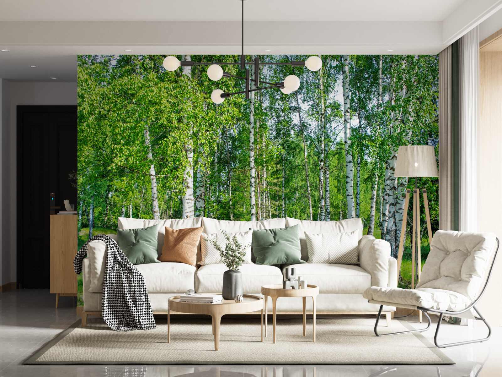 Fotobehang berken met groene bladeren groeien in het zomerbos