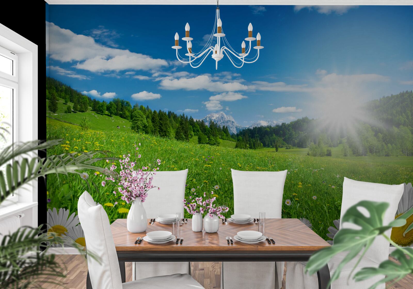 Fotobehang een heldere ochtend boven een bloeiende weide en madeliefjes