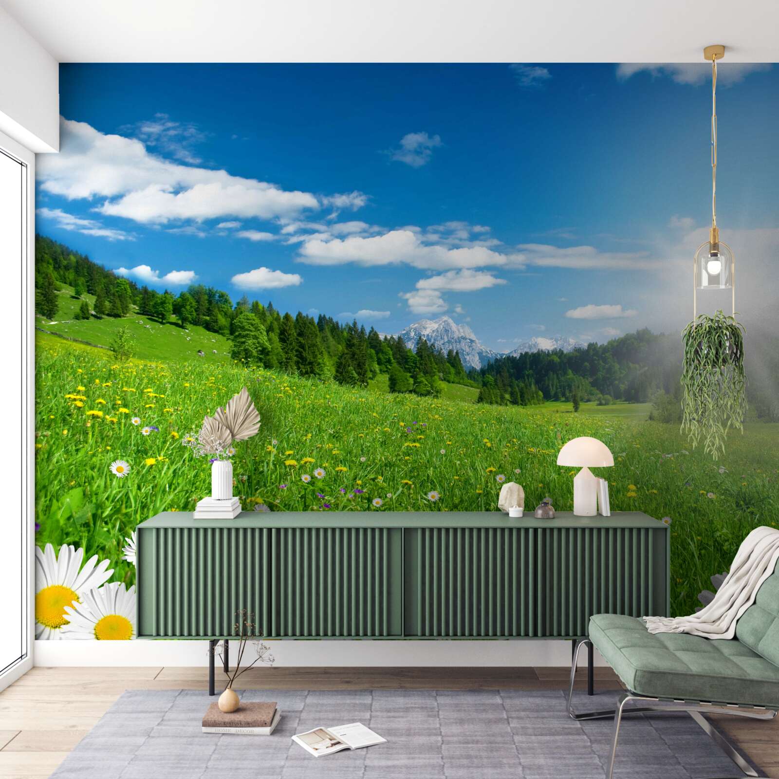 Fotobehang een heldere ochtend boven een bloeiende weide en madeliefjes