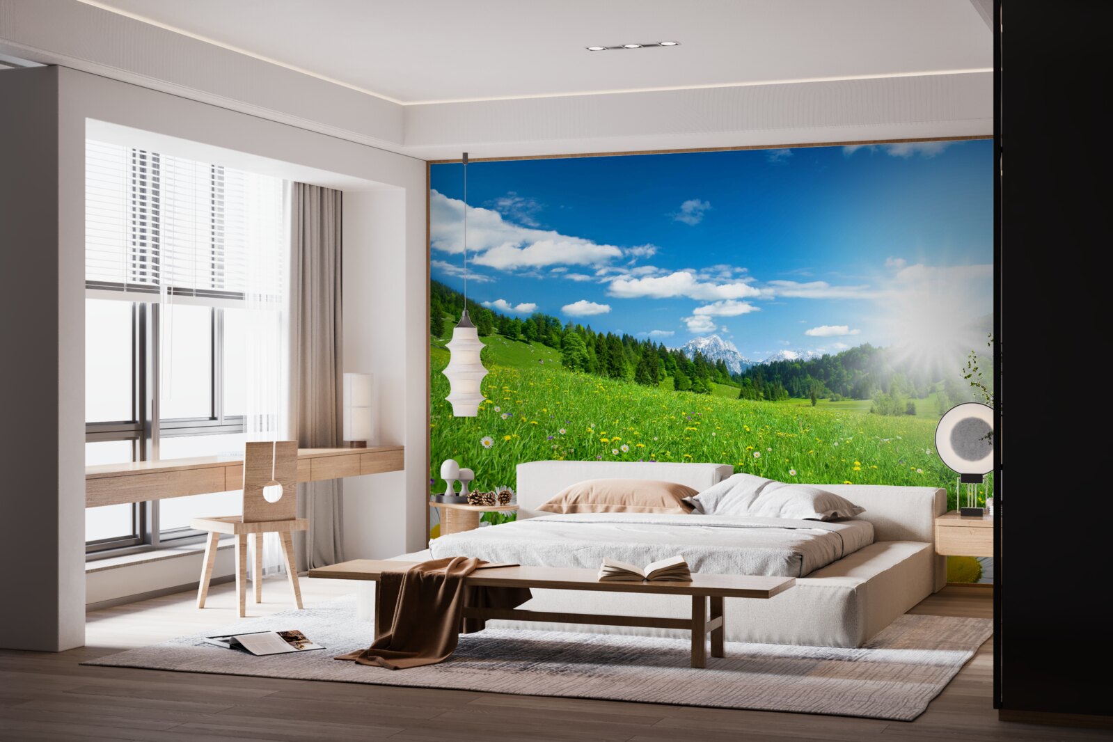 Fotobehang een heldere ochtend boven een bloeiende weide en madeliefjes