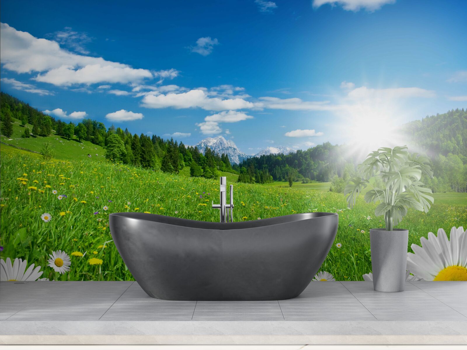 Fotobehang een heldere ochtend boven een bloeiende weide en madeliefjes