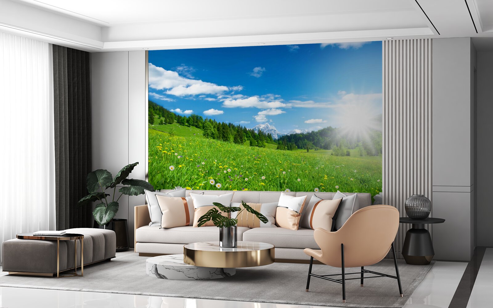 Fotobehang een heldere ochtend boven een bloeiende weide en madeliefjes