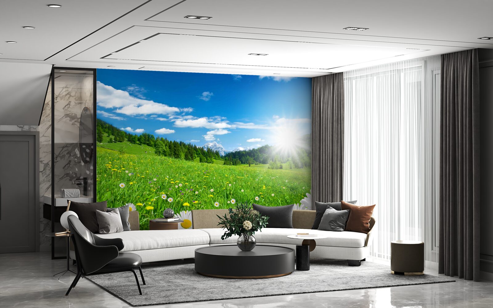 Fotobehang een heldere ochtend boven een bloeiende weide en madeliefjes