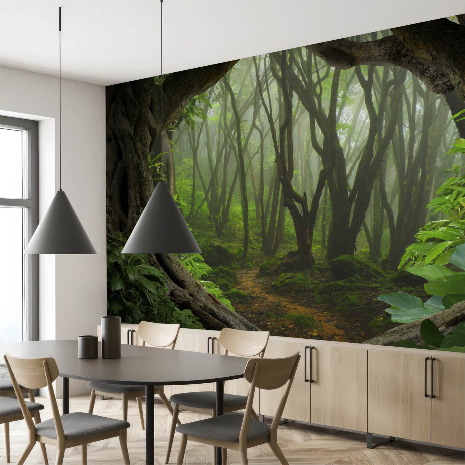 Fotobehang weelderige smaragdgroene palissade van bomen