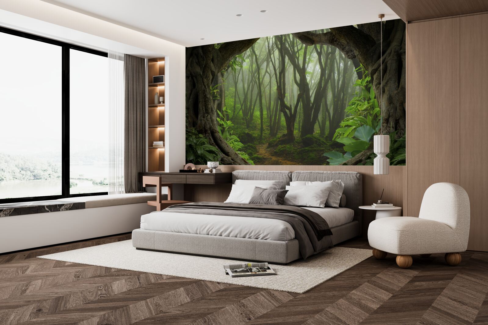 Fotobehang weelderige smaragdgroene palissade van bomen