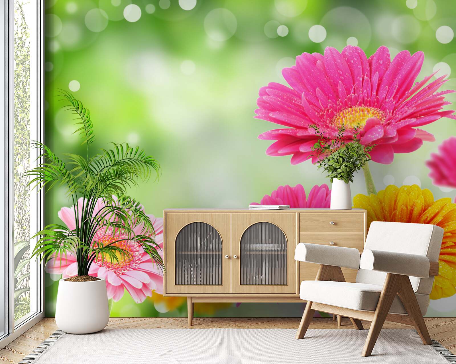 Fotobehang gerbera's schitteren onder de regendruppels