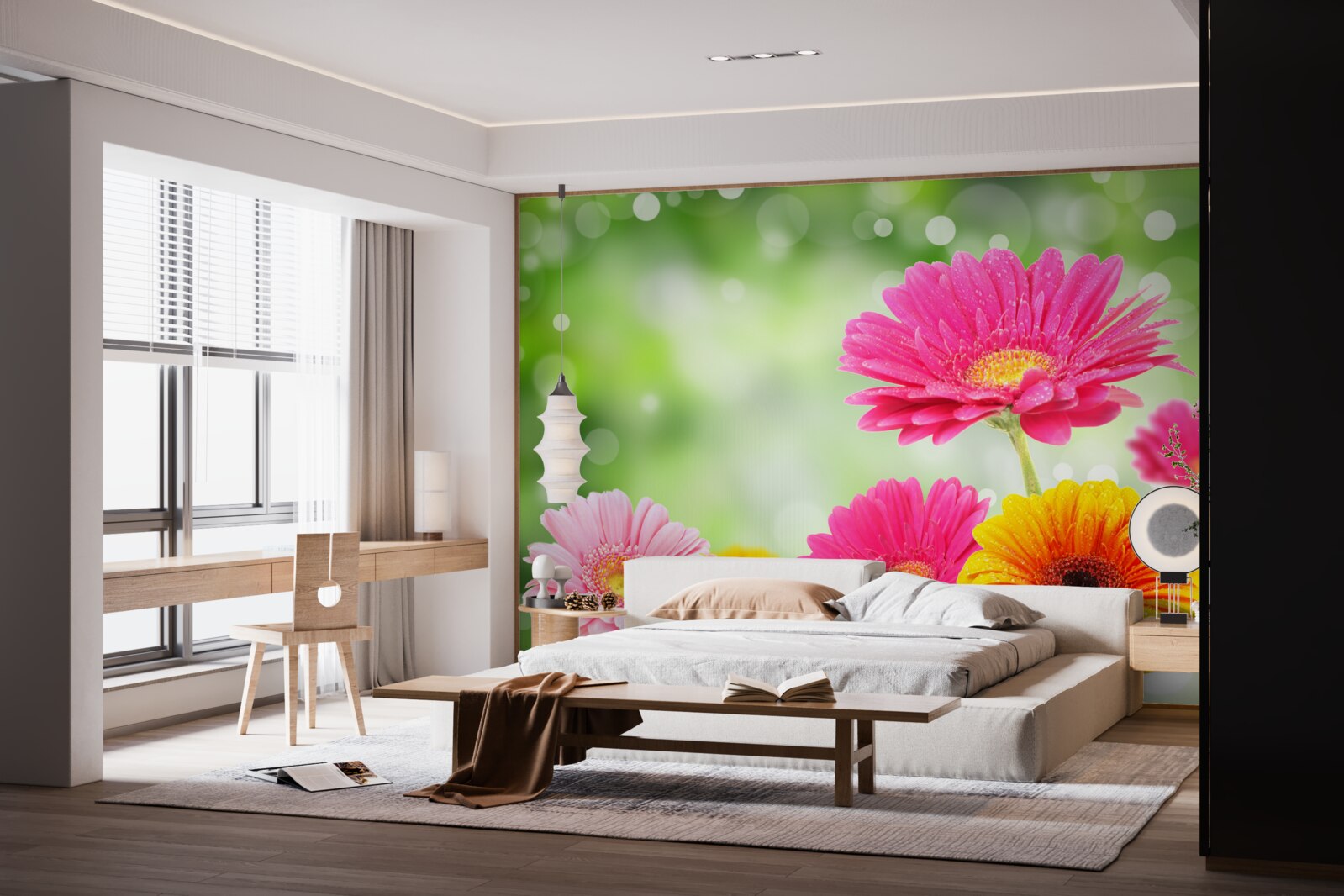 Fotobehang gerbera's schitteren onder de regendruppels