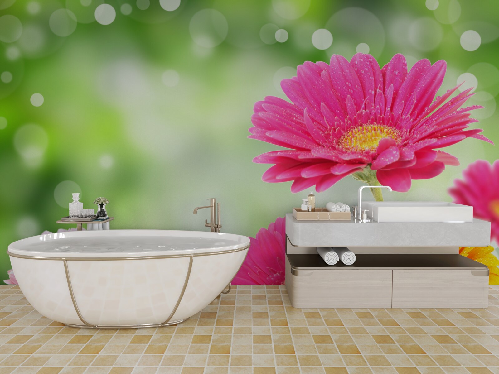 Fotobehang gerbera's schitteren onder de regendruppels