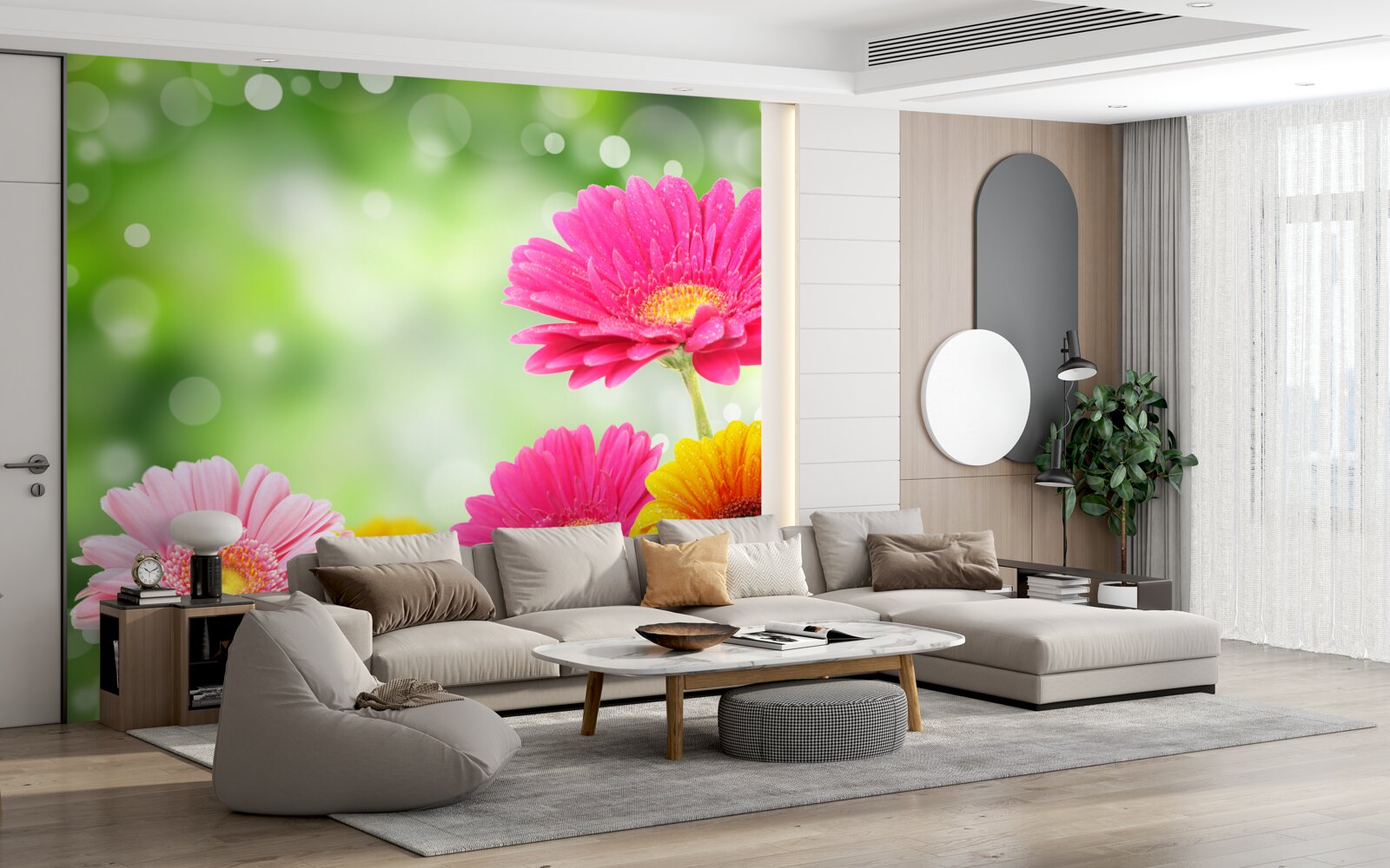 Fotobehang gerbera's schitteren onder de regendruppels
