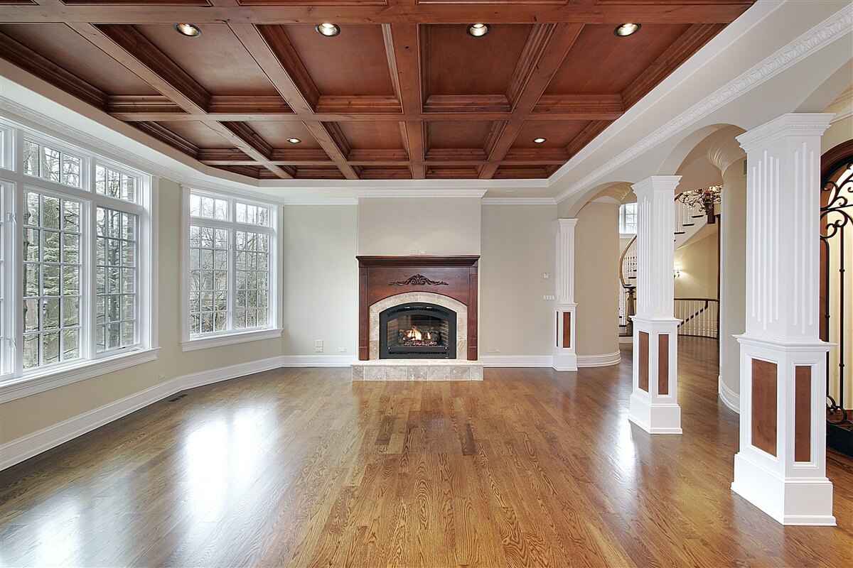 Fotobehang interieur met een elegante combinatie van witte steen en hout