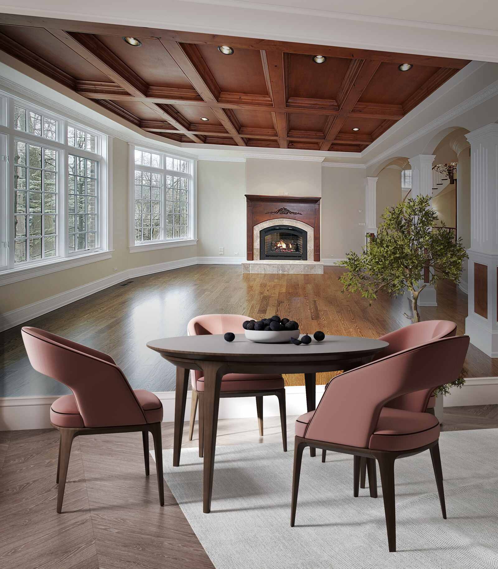 Fotobehang interieur met een elegante combinatie van witte steen en hout