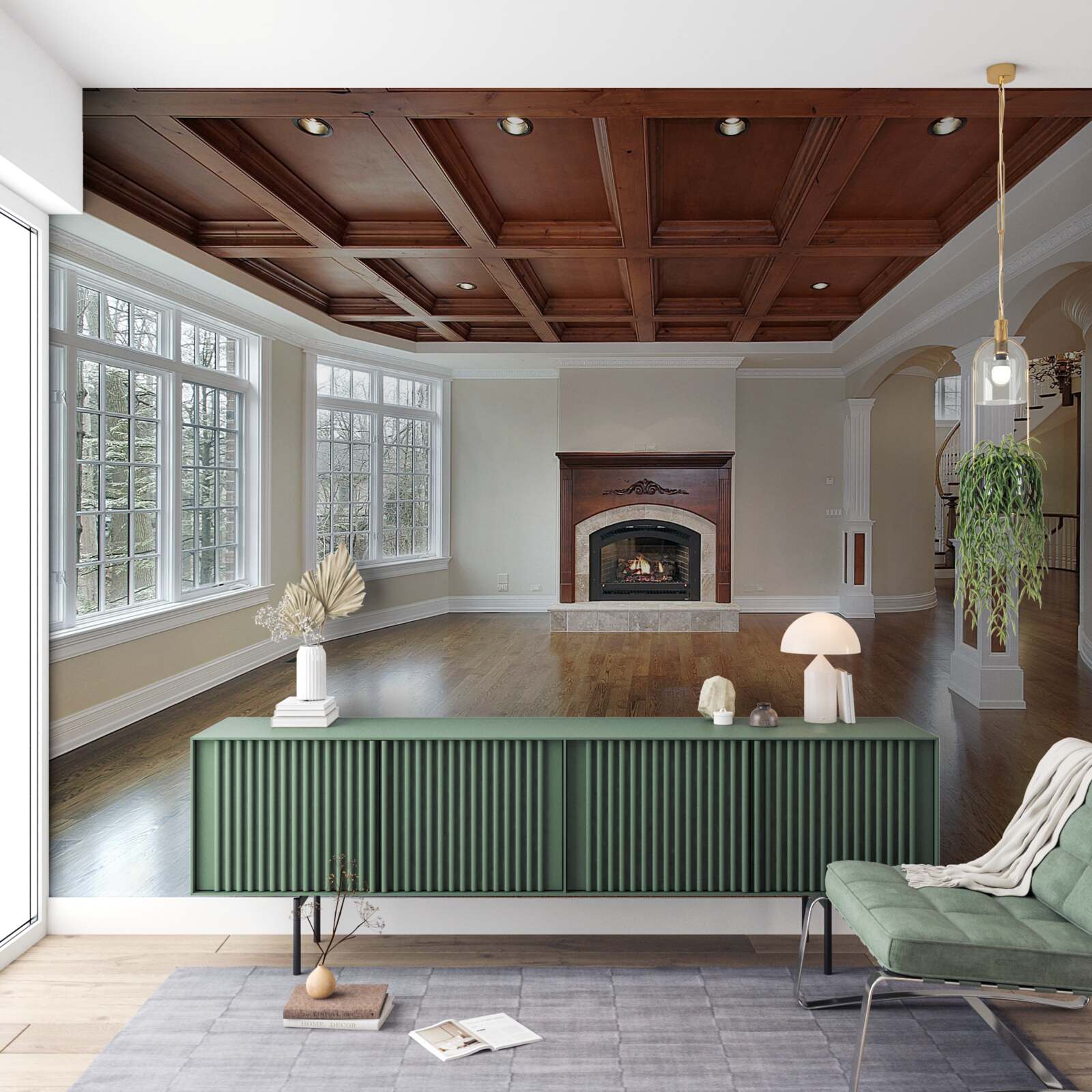 Fotobehang interieur met een elegante combinatie van witte steen en hout