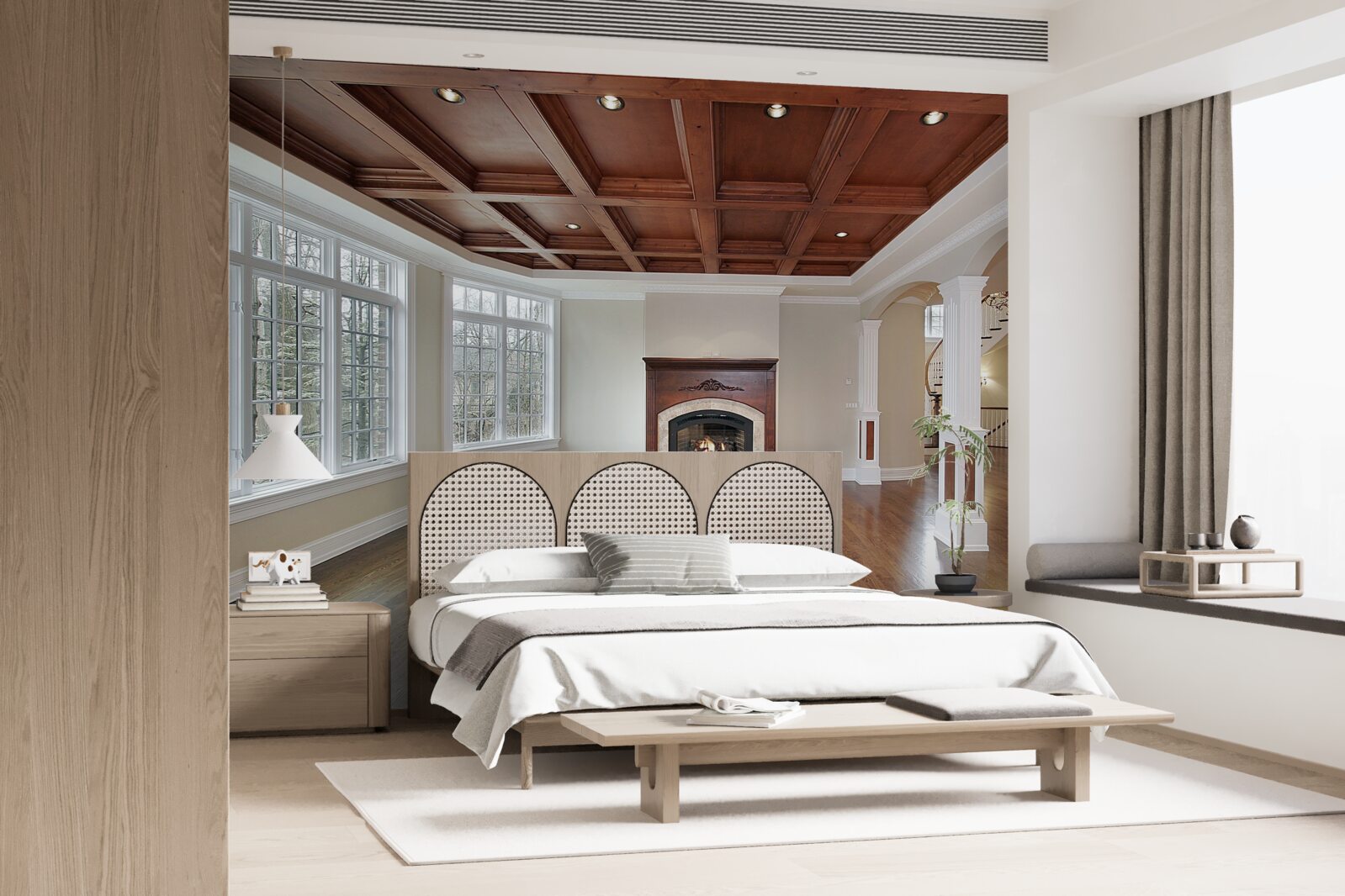 Fotobehang interieur met een elegante combinatie van witte steen en hout