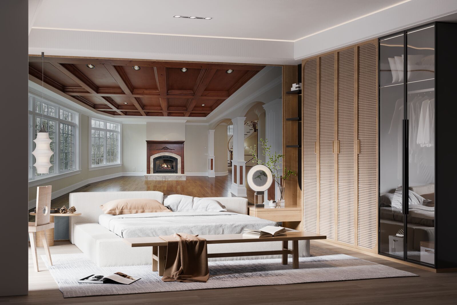 Fotobehang interieur met een elegante combinatie van witte steen en hout