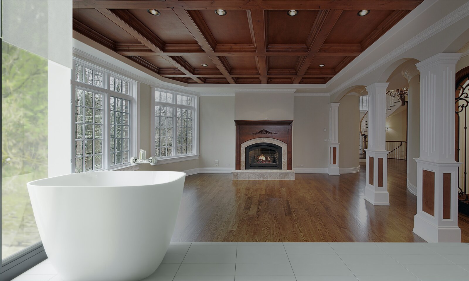 Fotobehang interieur met een elegante combinatie van witte steen en hout