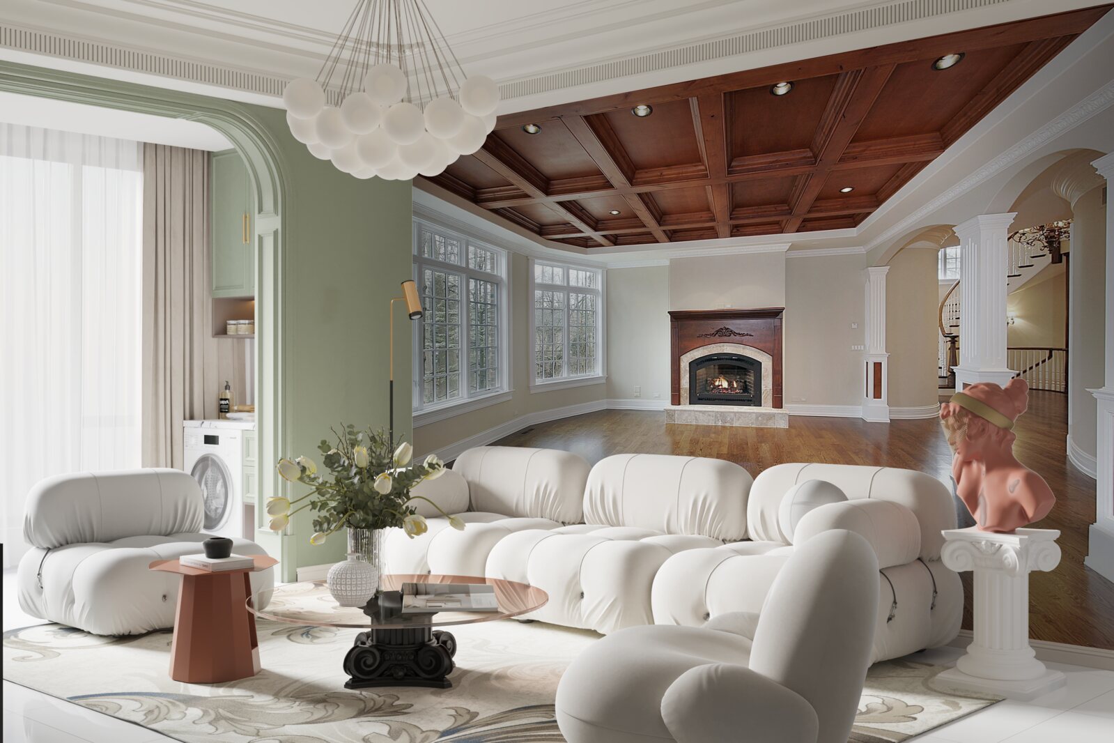 Fotobehang interieur met een elegante combinatie van witte steen en hout