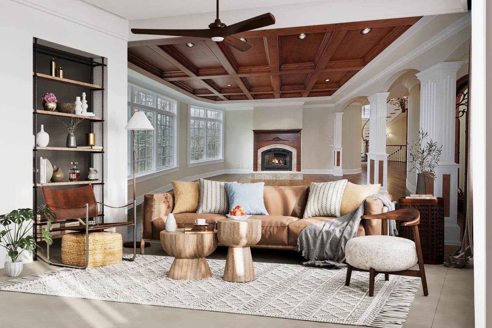 Fotobehang interieur met een elegante combinatie van witte steen en hout