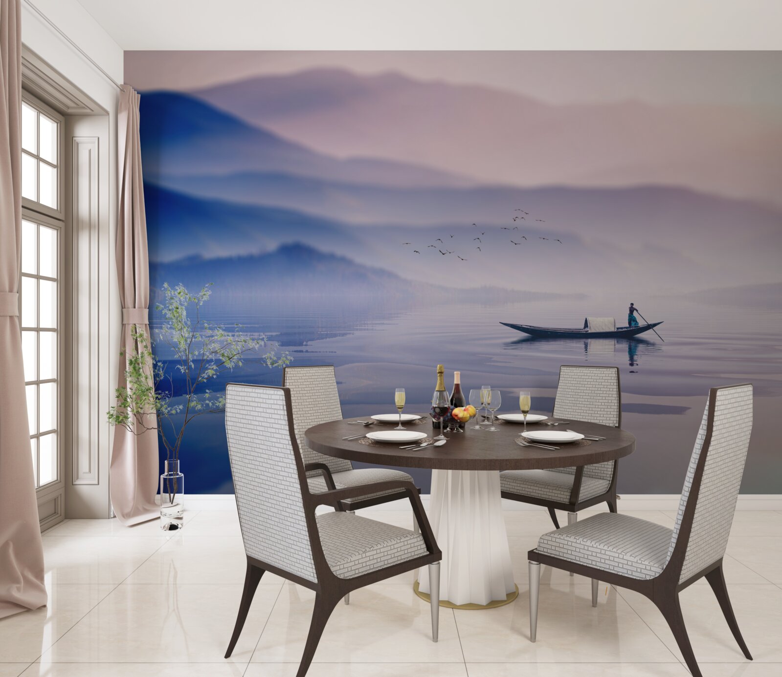 Fotobehang visser alleen op mistig water