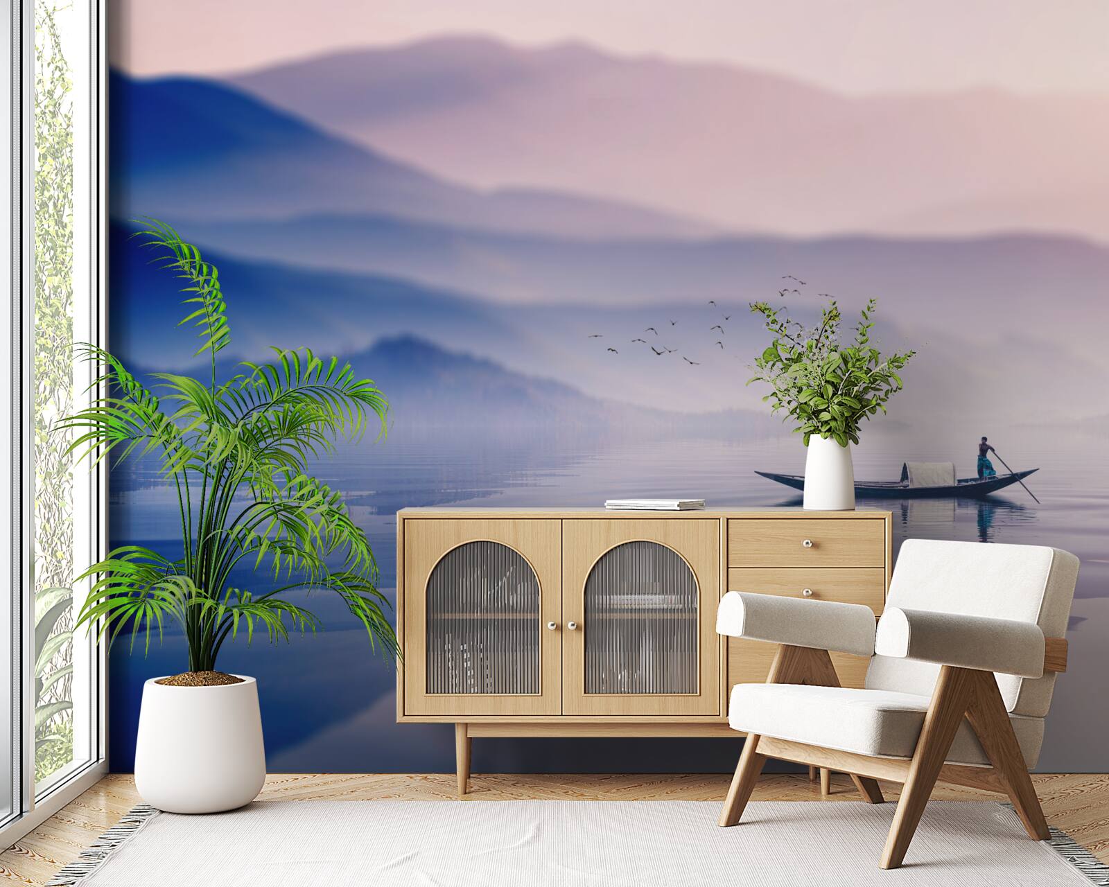 Fotobehang visser alleen op mistig water