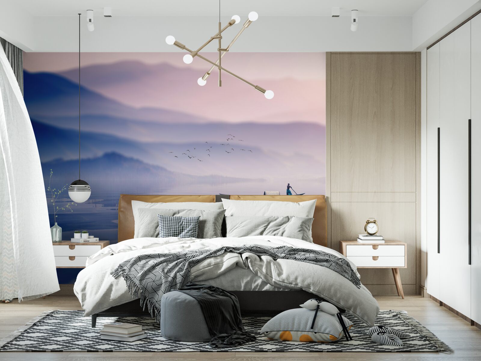 Fotobehang visser alleen op mistig water