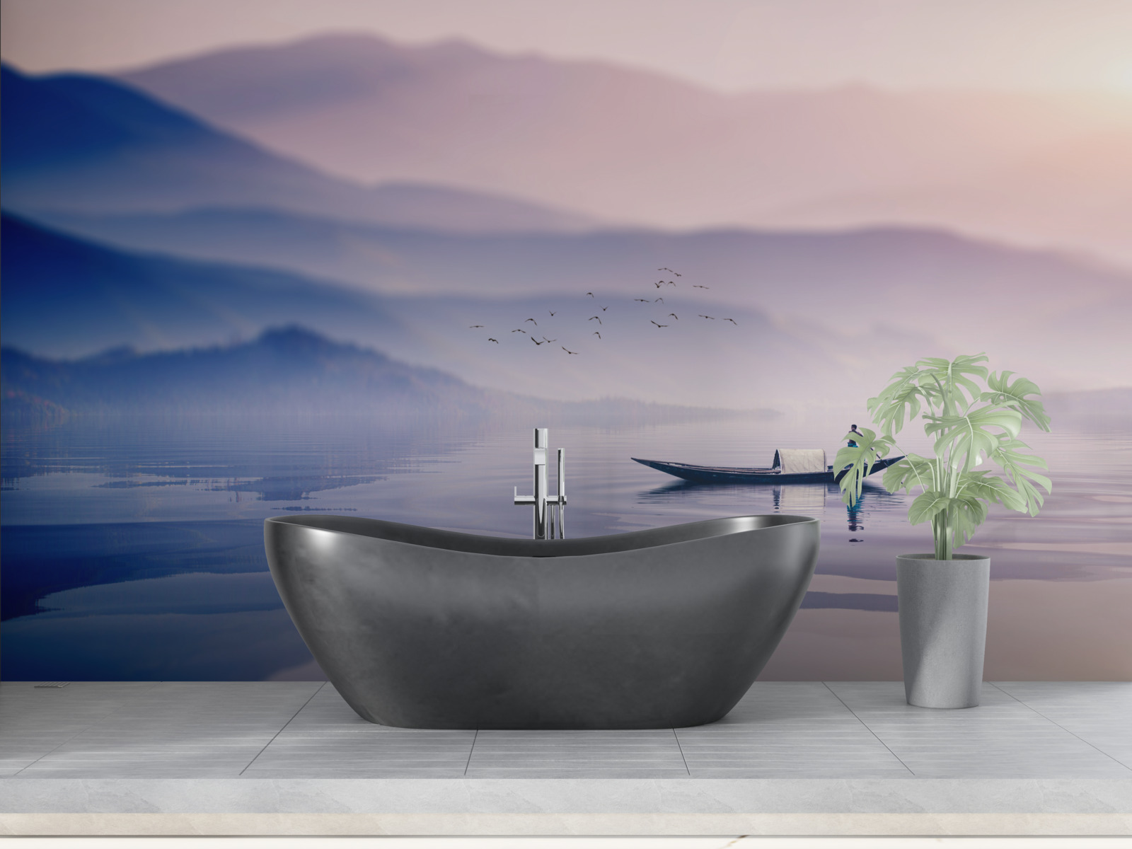 Fotobehang visser alleen op mistig water