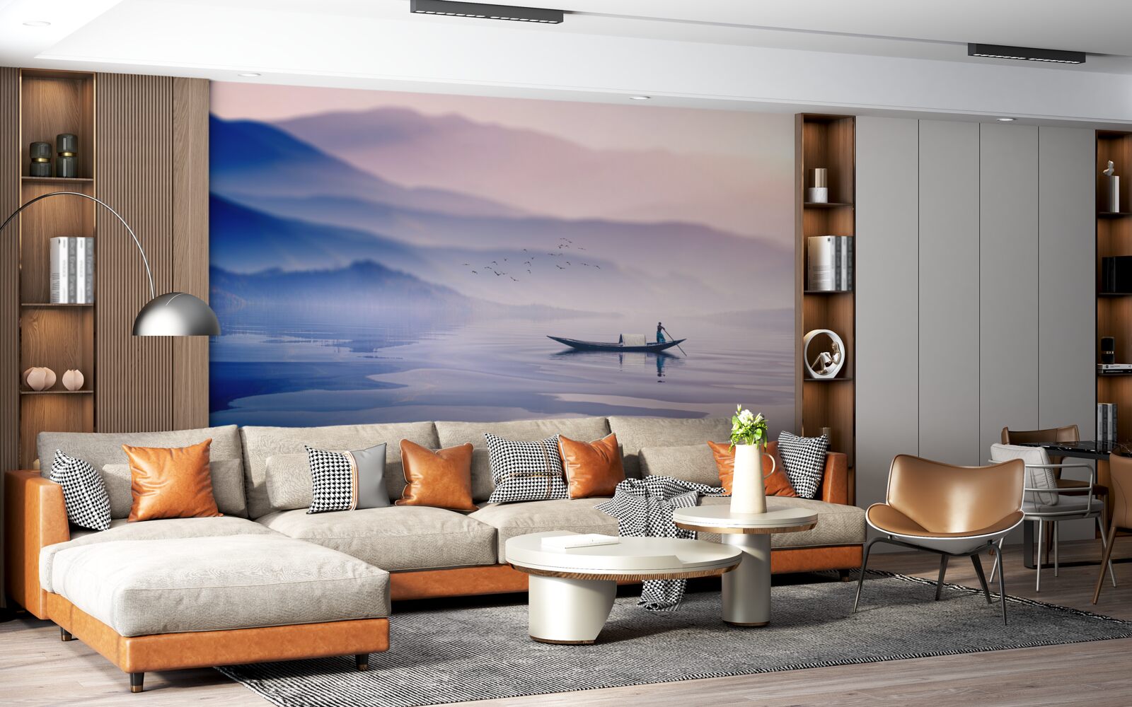 Fotobehang visser alleen op mistig water