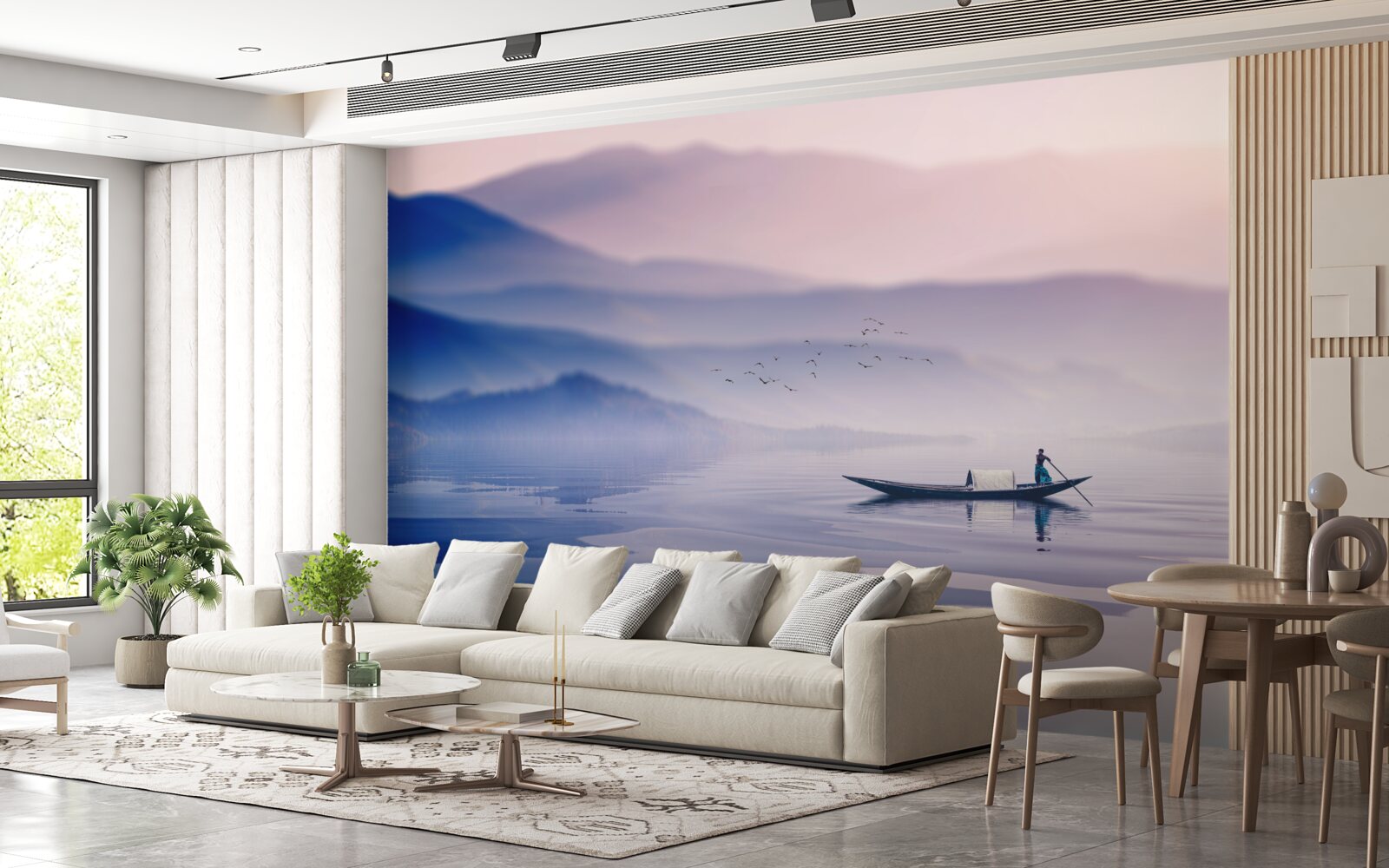 Fotobehang visser alleen op mistig water