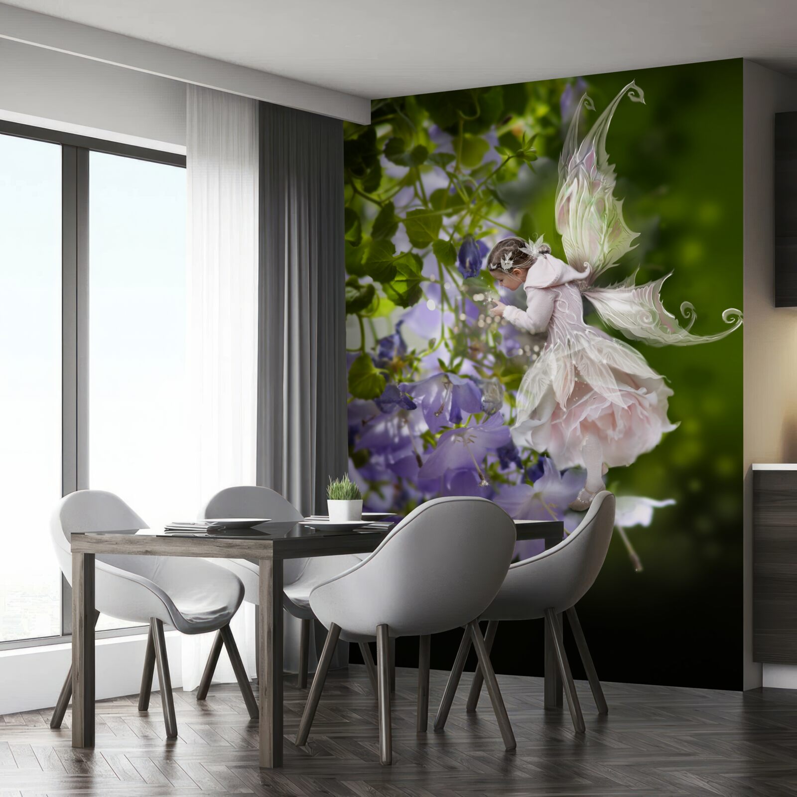 Fotobehang silhouet van een meisje met een vlinder die nectar drinkt