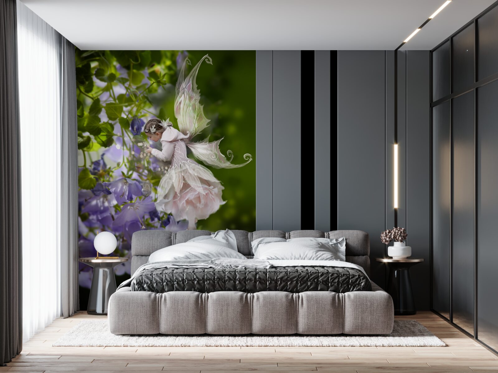 Fotobehang silhouet van een meisje met een vlinder die nectar drinkt