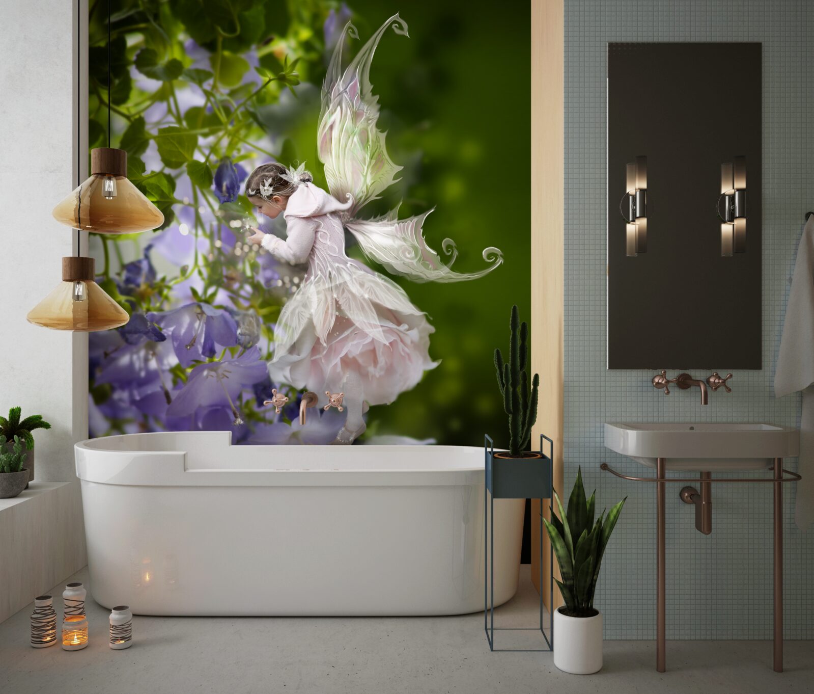 Fotobehang silhouet van een meisje met een vlinder die nectar drinkt