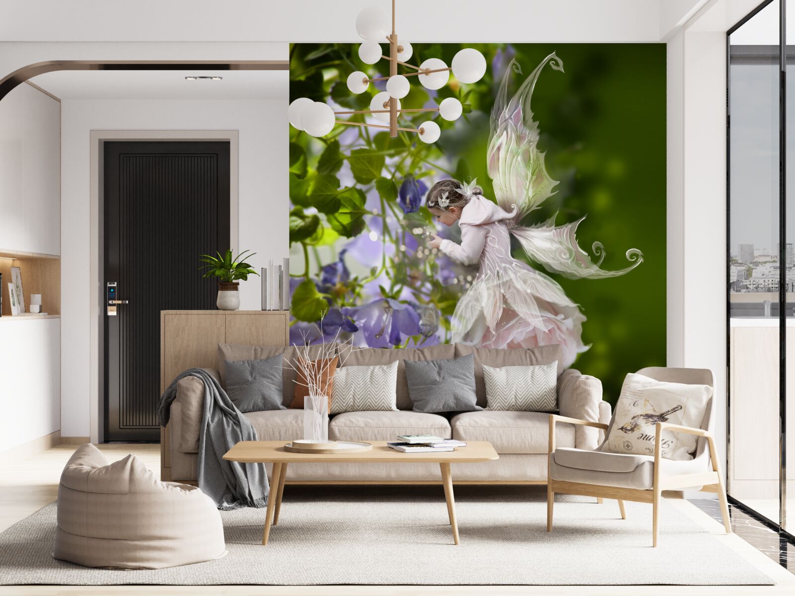 Fotobehang silhouet van een meisje met een vlinder die nectar drinkt